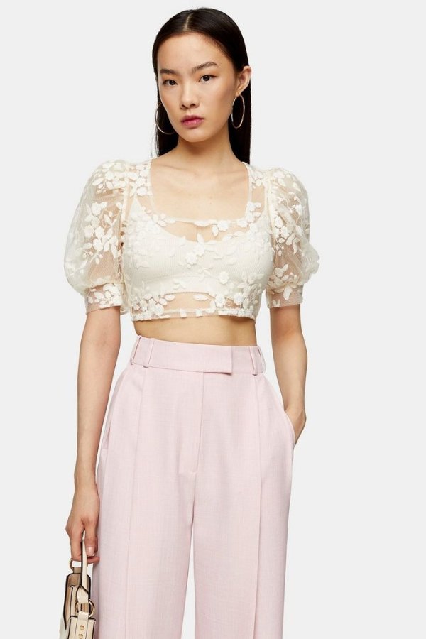 Cream Embroidered Mesh Floral Top