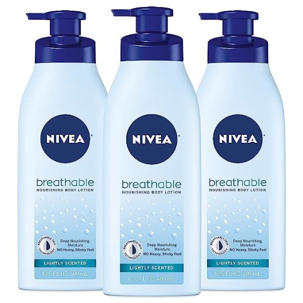 Lightly Scented Breathable Body Lotion, Body Lotion for Dry Skin, Pack of Three 13.5 Fl Oz Pump Bottles