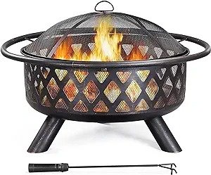 Fire Pit 36in Outdoor Wood Burning Fire Pits Wood Large Fire Bowl for Outside BBQ Bonfire Patio with Mesh Spark Screen, Poker and Rain Cover