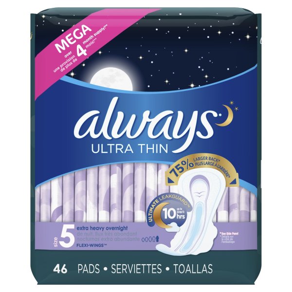 Ultra Thin Extra Heavy Overnight Pads with Wings, Unscented, Size 5, 46 Ct