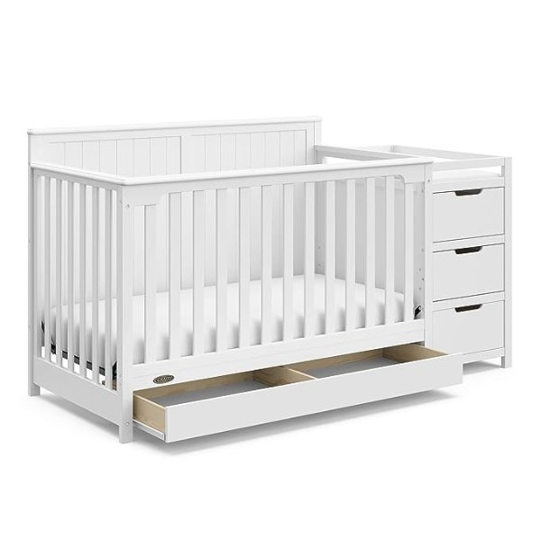 Hadley 5-in-1 Convertible Crib and Changer with Drawer (White) – GREENGUARD Gold Certified, Crib and Changing Table Combo with Drawer, Includes Baby Changing Pad, Converts to Full-Size Bed