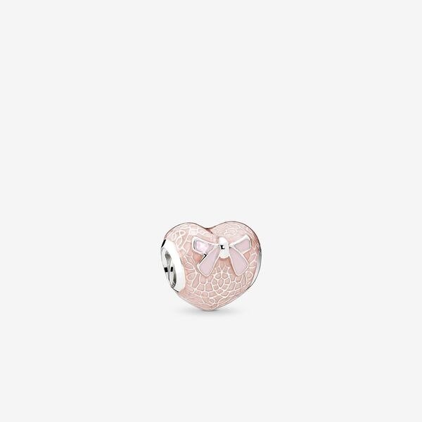 Pink Bow & Lace Heart Charm, Transparent Misty Rose & Soft Pink E