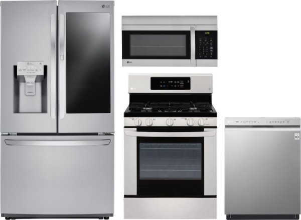 LG LGRERADWMW4466 4 Piece Kitchen Appliances Package with French Door Refrigerator, Gas Range, Dishwasher and Over the Range Microwave in Stainless Steel
