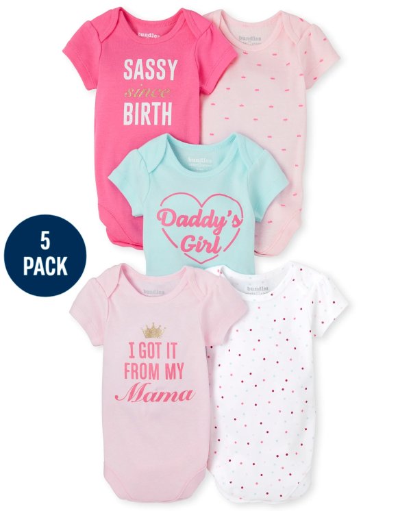 Baby Girls Short Sleeve 'Sassy' Bodysuit 5-Pack