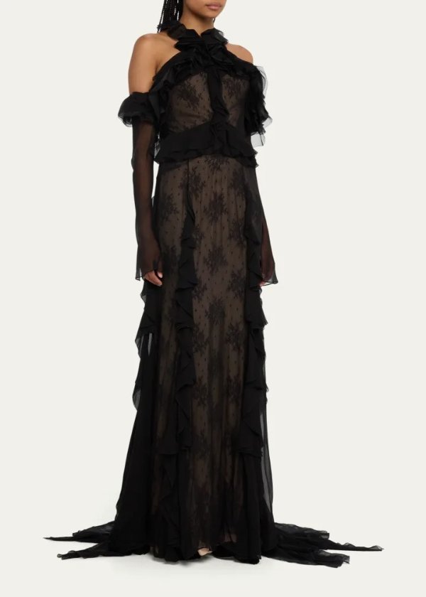 Cold-Shoulder Chiffon Lace Ruffle Gown
