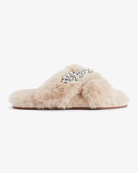 Faux Fur Removable Brooch Slippers
