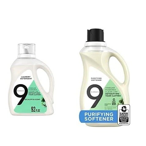 9 Elements Natural Laundry Detergent Liquid Soap, Eucalyptus Scent, 92 Fl Oz + 9 Elements Laundry Purifying Softener Liquid, Eucalyptus Scent, 67 Oz