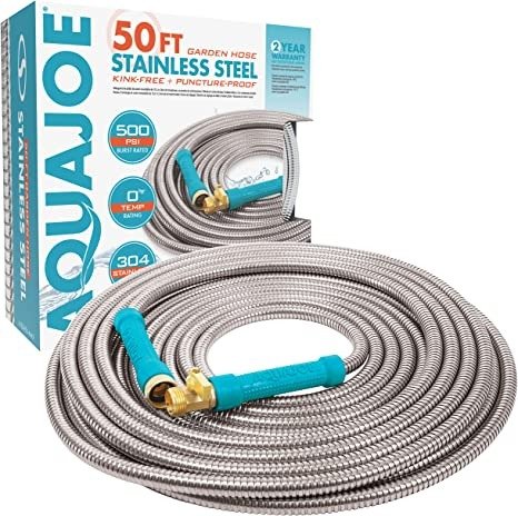 Aqua Joe AJSGH50-MAX 1/2-Inch Heavy-Duty, Puncture Proof Kink-Free, Garden Hose w/ Brass Fitting & On/Off Valve, Spiral Constructed 304-Stainless Steel Metal, 50-Foot