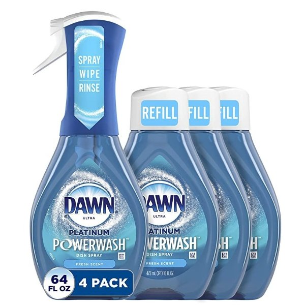Platinum Powerwash Dish Spray, Dish Soap, Fresh Scent Bundle, 1 Spray (16oz) + 3 Refills (16oz each)