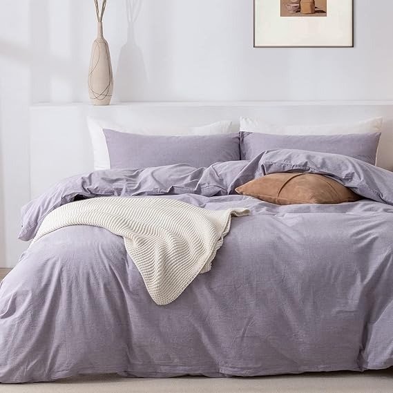 Queen Duvet Cover Set- 100% Washed Cotton 3 Pcs Soft Comfy Breathable Chic Linen Feel Bedding, 1 Duvet Cover and 2 Pillow Shams, Light Purple