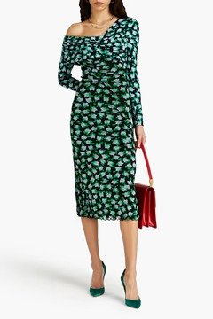 Leia one-shoulder floral-print jersey and stretch-mesh midi dress