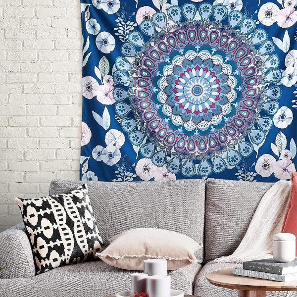 Aesthetic Floral Mandala Tapestry for Bedroom Wall Hanging, Bohemian Medallion Flower Tapestries for Living Room Dorm Home Decor(Blue, Twin Size(60x80Inches)(150x200cms))