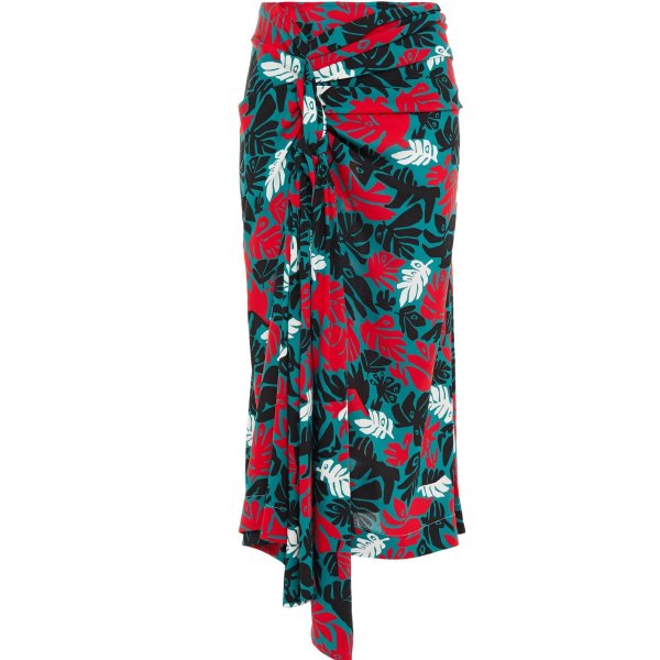 Knotted draped printed stretch-crepe midi skirt