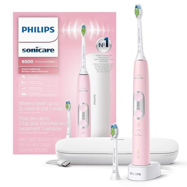 Sonicare ProtectiveClean 6500 Rechargeable Electric Toothbrush with Charging Travel Case and Extra Brush Head, Pastel Pink HX6462/06