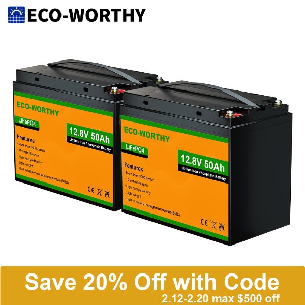 ECO-WORTHY 12V 24V 100Ah LiFePO4 Lithium Battery（2 Packaging 50Ah）for RV Home