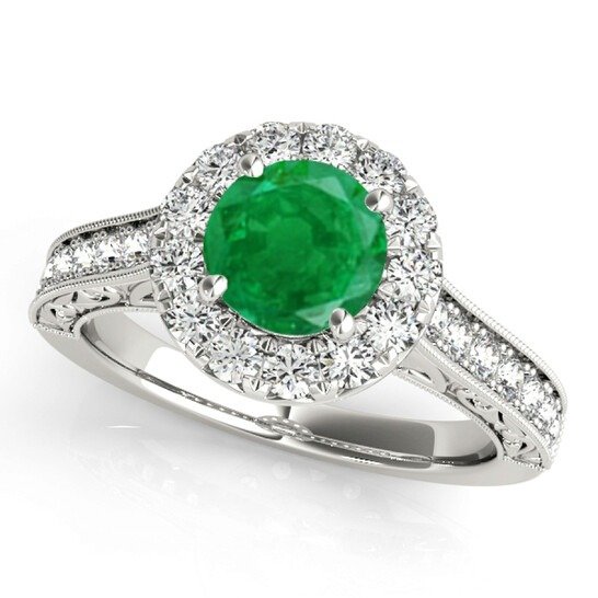 14K White Gold Gemstone And Diamond Ring With 1.40 Carat Round Shape Emerald And Diamonds
