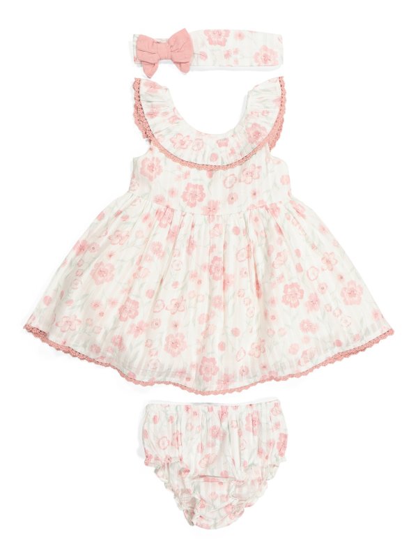 Infant Girls Floral Collared Dress With Headband &amp; Diaper Cover