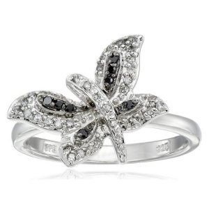 Sterling Silver Dragonfly Black and White Diamond Ring