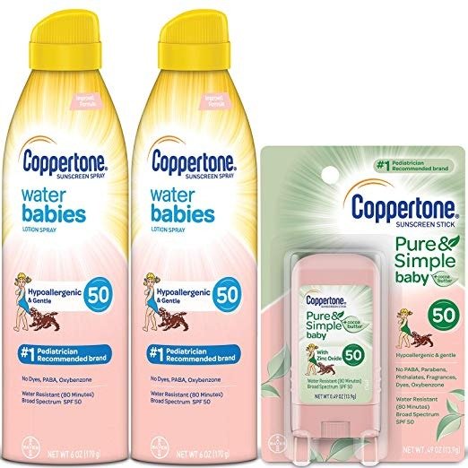 WaterBabies SPF 50 Sunscreen Lotion Spray + Pure & Simple Baby Mineral SPF 50 Sunscreen Stick Multipack (Two 6 Ounce Sprays + One 0.5 Ounce Stick)