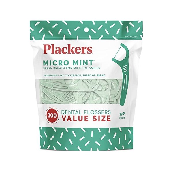 Micro Mint Dental Flossers, Fresh Mint Flavor, Fold-Out Toothpick, Super Tuffloss, Easy Storage with Sure-Zip Seal, 300 Count
