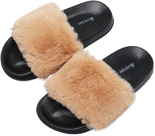Women's Fuzzy Faux Fur Flat Spa Slide Slippers Open Toe House Indoor Shoes Sandals