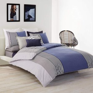 Lacoste Meribel Blue and Grey Colorblock Striped Brushed Twill Comforter Set, Full/Queen