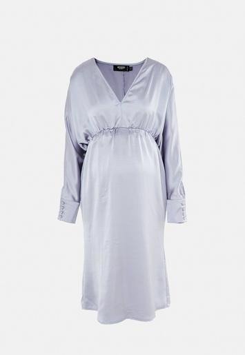 Lilac Satin Kimono Plunge Maternity Midi Dress