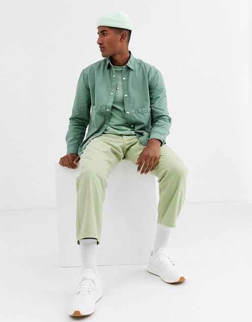 poplin boxy overshirt in green with poppers 
