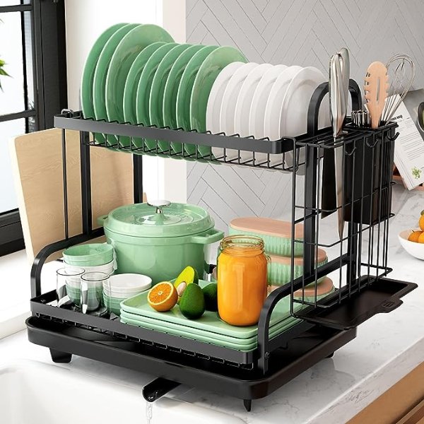 Kitsure 2层不锈钢碗碟架，带砧板架、餐具架和排水盘