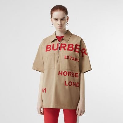 Short-sleeve Horseferry Print Cotton Oversized Shirt