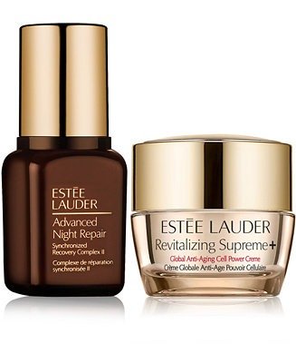 Receive a FREE 2 pc Skincare Gift with $50 Estee Lauder Purchase Advanced Night Repair Synchronized Recovery Complex II Duo, 1.7 oz X 2 Advanced Night Repair Synchronized Recovery Complex II, 1.7 oz Revitalizing Supreme Plus Global Anti-Aging Cell Power Creme, 2.5 oz Double Wear Stay-in-Place Makeup, 1.0 oz.