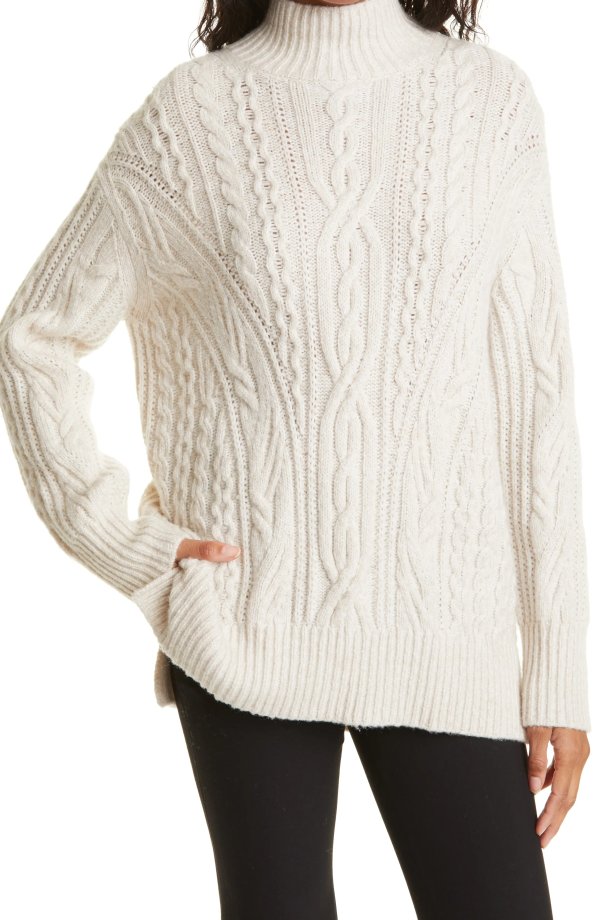 Cable Extrafine Merino Wool Blend Mock Neck Sweater
