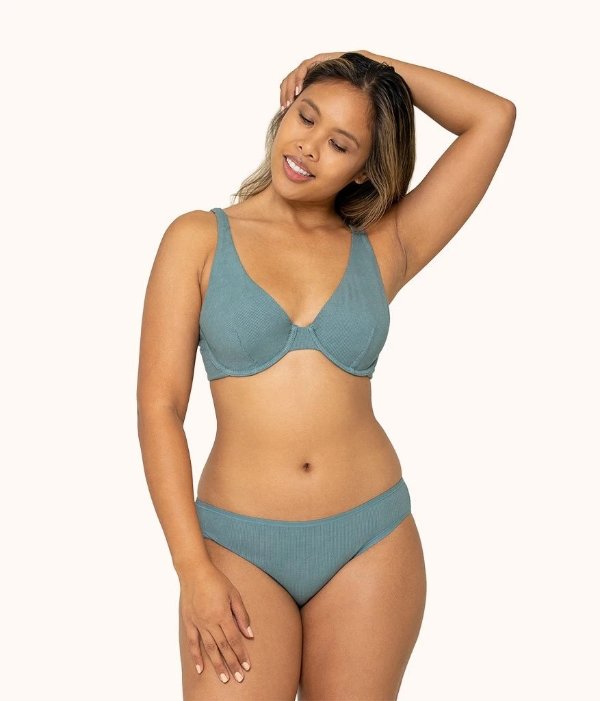 The Unlined Ribbed Plunge Bra: Harbor Green