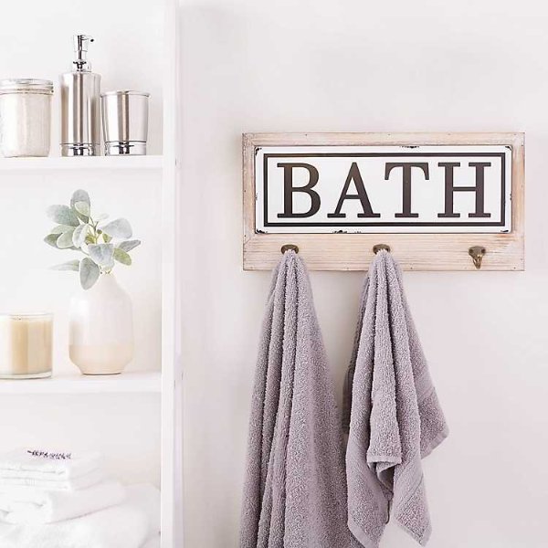 Metal and Wood Bath Sign with Hooks