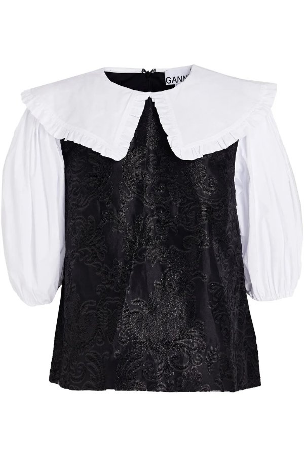 Poplin-paneled brocade blouse