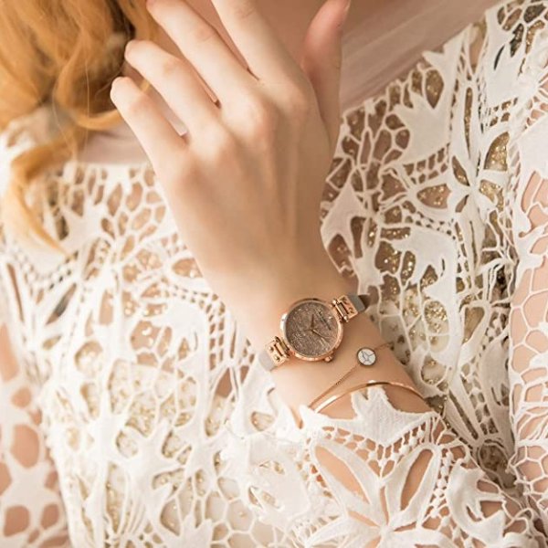 Women Watches Genuine Leather Strap Grey Sparkling Small Dial Quartz Wristwatch with Bracelet Set