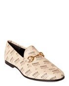 Beige Logo Stamp Print Leather Loafers