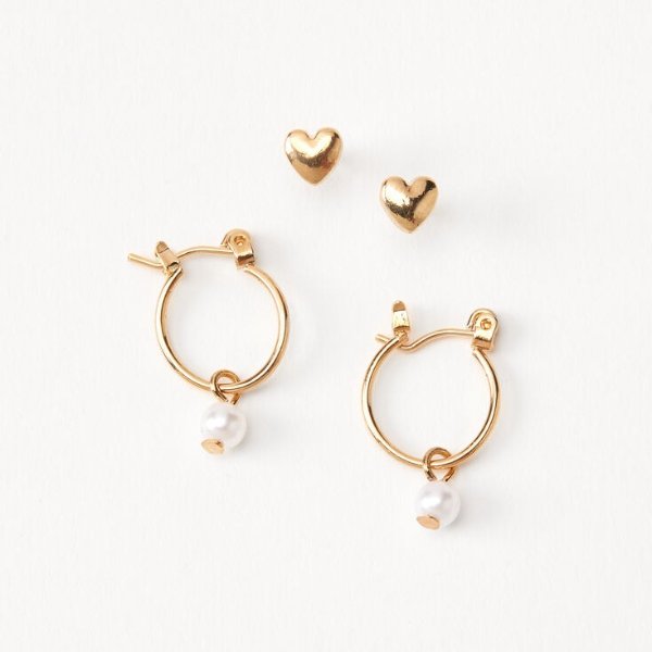 18kt Gold Plated Heart Pearl Stud & Hoop Earrings - 2 Pack