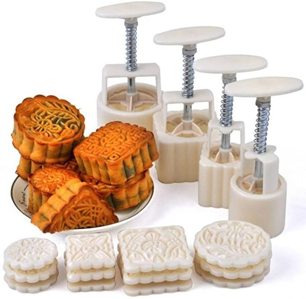 VOVOV Mid-Autumn Festival Hand-Pressure Moon Cake Mould with 12 Pcs Mode Pattern for 4 Sets