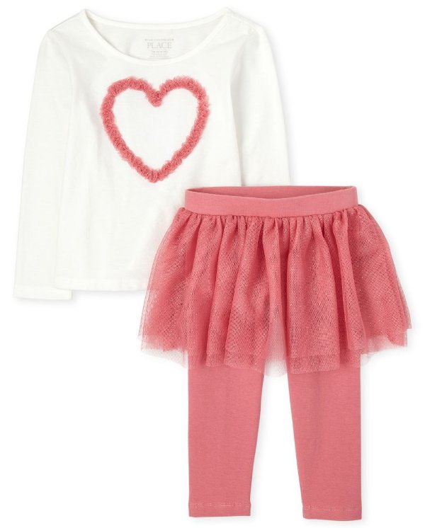 Toddler Girls Long Sleeve Heart And Knit Tutu Leggings Outfit Set