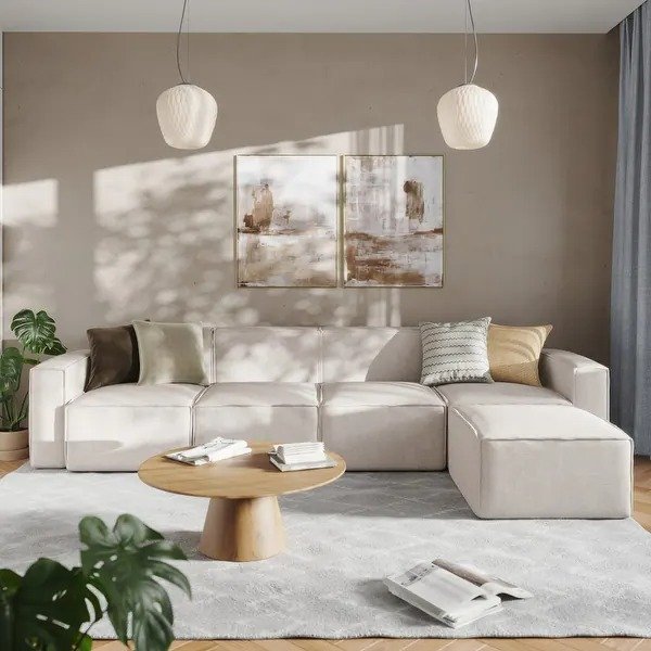 Contemporary 5 Piece Modular Sectional Sofa with Ottoman - Cream