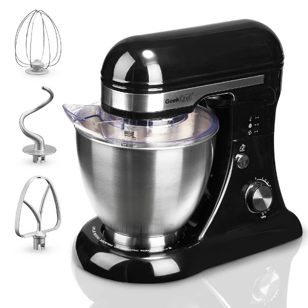 Geek Chef 4.5L Stand Mixer: 5 Quart Stainless Steel Bowl, 12 Speed settings, Tilt Head. Includes Pouring Shield, Beater, Whisk and Dough Hook, black