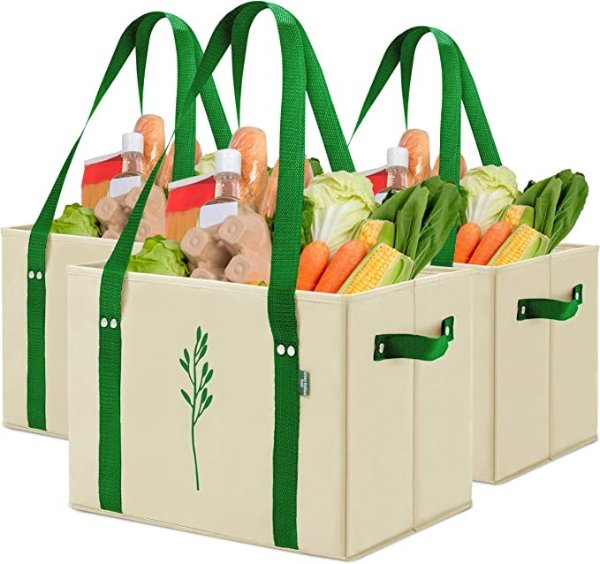 Green Bulldog Reusable Grocery Bags - Heavy Duty, Foldable, Washable Canvas Tote Shopping Bags - Box Bag w/ Straps And Handles (Set of 3) - Taupe