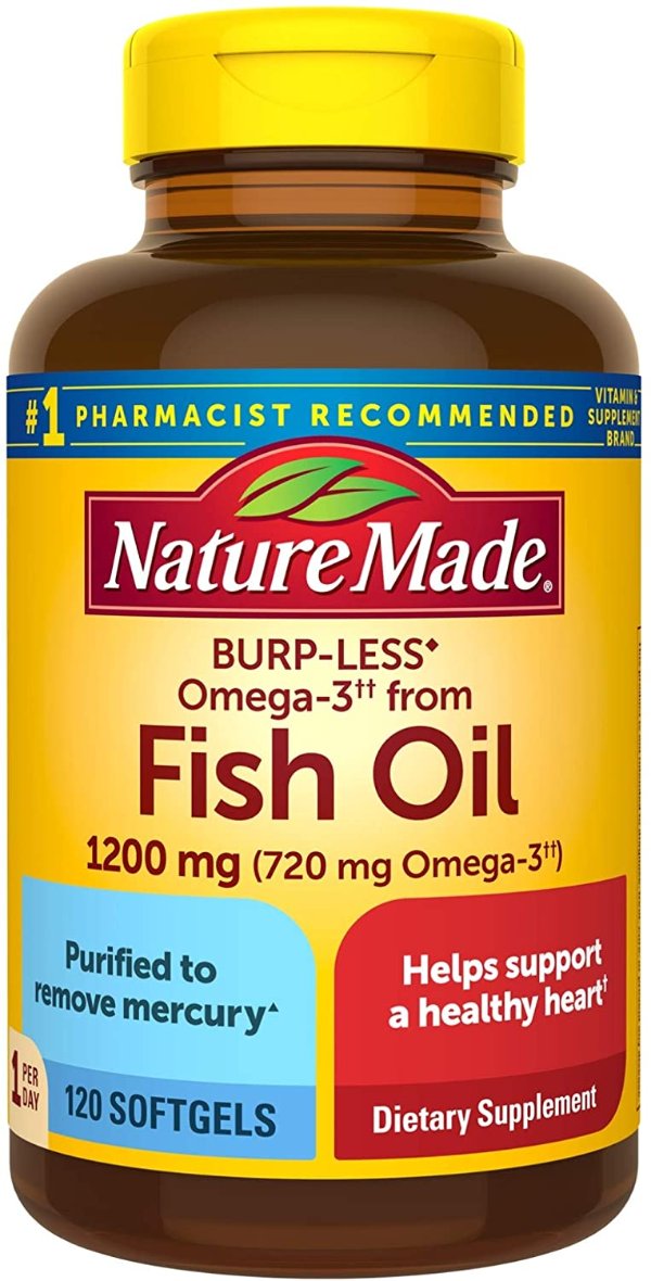 Burp-Less Omega-3†† from Fish Oil 1200 mg Softgels, 120 Count (Packaging May Vary)