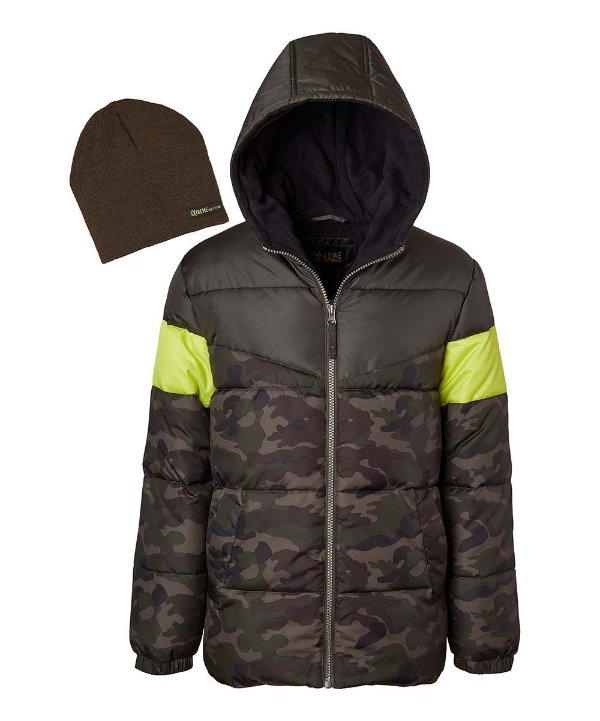 Olive & Green Camo Color Block Puffer Coat & Beanie - Toddler & Boys