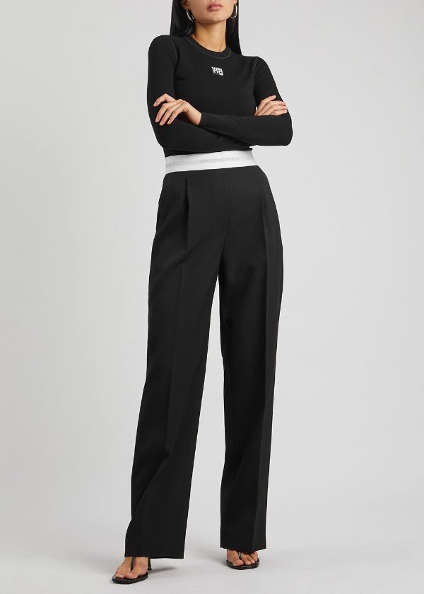 Black wide-leg wool trousers