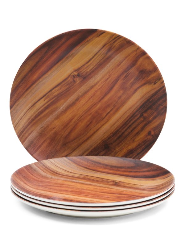 Set Of 4 Melamine Acacia Woodgrain Outdoor Dinner Plates