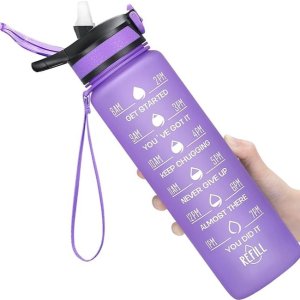 MEITAGIE 32oz/26oz Motivational Water Bottle with Time Marker & Fruit Strainer, Leak-proof Bottle with Carrying Strap, Perfect for Outdoor Sports