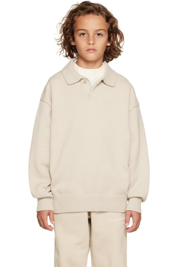 Kids Taupe Patch Long Sleeve Polo