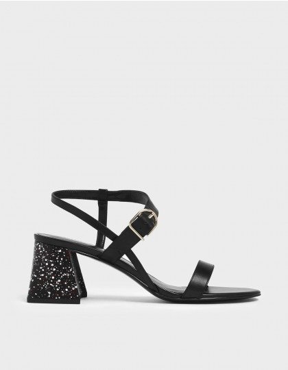 Black Terrazzo Print Flare Block Heel Sandals | CHARLES & KEITH US